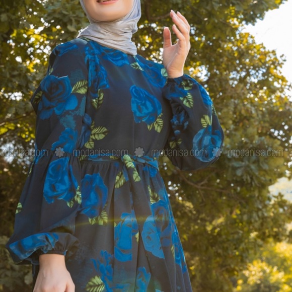 Modanisa Dresses & Skirts - Navy Blue floral crew neck unlined dress